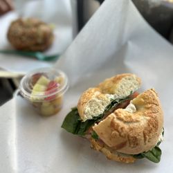 The Bagel Den - Asiago bagel with lox and fruit cup