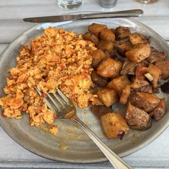 ATTITUDE CAFE - Chorizo scramble with onions peppers and cheese with potatoes on the side. Had to add some of their hot sauce! - Breakfast & Brunch Near Me - Los Angeles, California ATTITUDE CAFE - Chorizo scramble with onions peppers and cheese with potatoes on the side. Had to add some of their hot sauce! - Breakfast & Brunch Near Me - Los Angeles, California