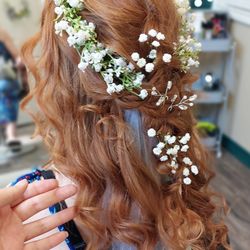 finesse salon and spa - Wedding hair - half updo with braids, ribbons and babies breath.