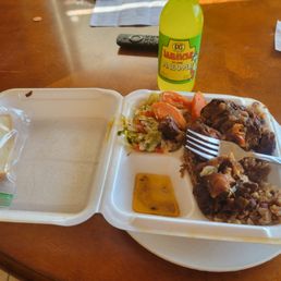 a meal in a styrofoam container
