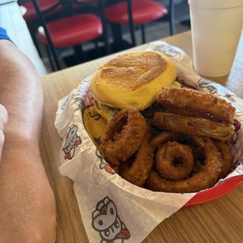 Hippo Burgers - Hippo Burger with onion rings. - Burgers Near Me - Houston, Texas