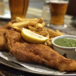 The Black Boy - Battered Haddock, mush peas, and chips.....very proper pub food!