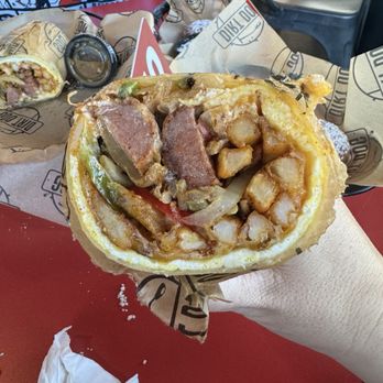 Dirt Dog Downey - Inside of breakfast burrito - Hot Dogs Near Me - Downey, California Dirt Dog Downey - Inside of breakfast burrito - Hot Dogs Near Me - Downey, California