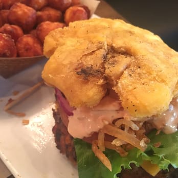 PINCHO - Veggie burger with A tostone bun. - Burgers Near Me - Hialeah, Florida PINCHO - Veggie burger with A tostone bun. - Burgers Near Me - Hialeah, Florida