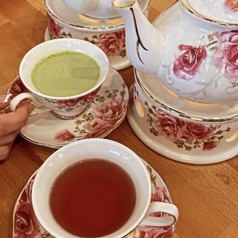 Proper Rose Garden - P9. Hot Matcha Milk and F2. Raspberry & Strawberry Tea - Themed Cafes Near Me - Katy, Texas
