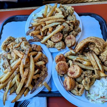 The Clam Box - Seafood plate (3-way)....Fried Whole Belly Clams, Fried Oysters & Fried Scallops w.French Fries  and Coleslaw $31.99 - Seafood Near Me - Quincy, Massachusetts