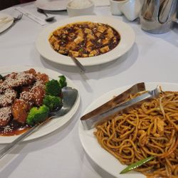 China Chalet - From left, Sesame chicken, maopo tofu and chicken lo mein.