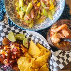 Mariscos Arenita - The tuna tostada ceviche I slided onto my dish at home & shrimp coctel I mixed in my own glass, fish taco /chips