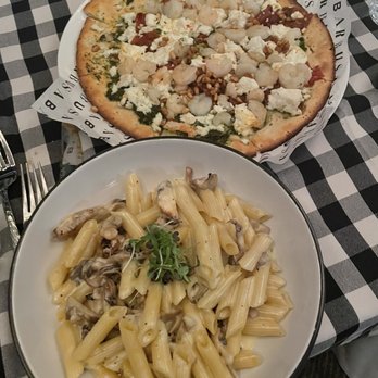 Barbusa - Mushroom pasta sub gluten free noodles. And a pizza with shrimp - Italian Near Me - San Diego, California Barbusa - Mushroom pasta sub gluten free noodles. And a pizza with shrimp - Italian Near Me - San Diego, California