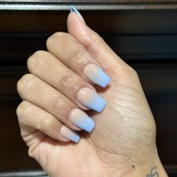 Ombre nude and blue nails slight coffin shape