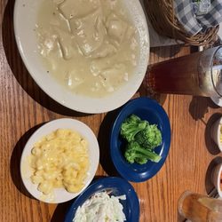 Cracker Barrel Old Country Store - Chicken and dumplings with 3 sides (macaroni and cheese, broccoli and coleslaw) for $10.49.... what a deal!