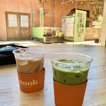 Nook Coffee Bar - Coconut Matcha Latte (right) and Lavender Chai (left) - Coffee & Tea Near Me - Costa Mesa, California Nook Coffee Bar - Coconut Matcha Latte (right) and Lavender Chai (left) - Coffee & Tea Near Me - Costa Mesa, California