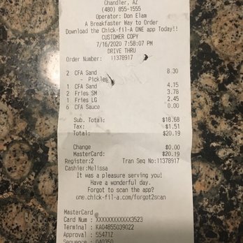 Chick-fil-A - ows a receipt for a chicken - Fast Food Near Me - Chandler, Arizona