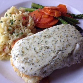 Madeline's - Breaded Halibut with Pesto Cream Sauce - New American Near Me - Cambria, California