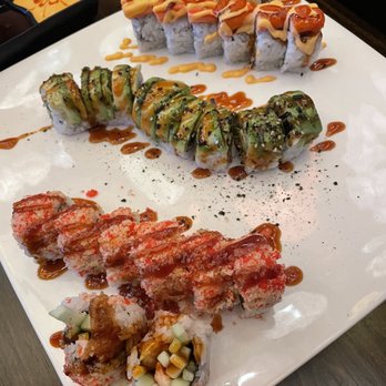 Sunny's Sushi - Back Mexican Orgasm Roll , middle Caterpillar Roll, front Crunch Shrimp Roll - Sushi Bars Near Me - El Paso, Texas Sunny's Sushi - Back Mexican Orgasm Roll , middle Caterpillar Roll, front Crunch Shrimp Roll - Sushi Bars Near Me - El Paso, Texas