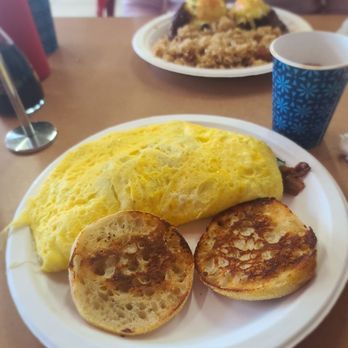 Button Up Cafe - Spinach, mushroom, and bacon omelette with an English Muffin - Breakfast & Brunch Near Me - Pearl City, Hawaii Button Up Cafe - Spinach, mushroom, and bacon omelette with an English Muffin - Breakfast & Brunch Near Me - Pearl City, Hawaii