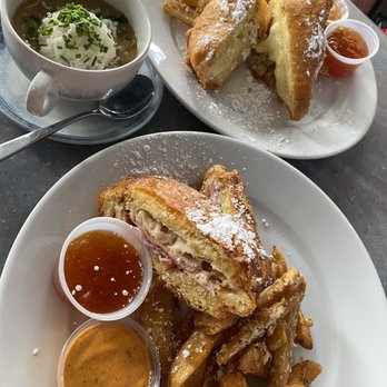 Cafe Orleans - Cup of Chicken Gumbo, Battered & Fried Monte Cristo (bottom), Battered & Fried Triple Cheese Monte Cristo Sandwich (top) - Cajun/Creole Near Me - Anaheim, California Cafe Orleans - Cup of Chicken Gumbo, Battered & Fried Monte Cristo (bottom), Battered & Fried Triple Cheese Monte Cristo Sandwich (top) - Cajun/Creole Near Me - Anaheim, California
