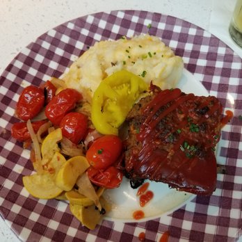 Cask & Larder - Burnt ends meatloaf with mashed potatoes and roasted grape tomatoes and zucchini. - Southern Near Me - Orlando, Florida
