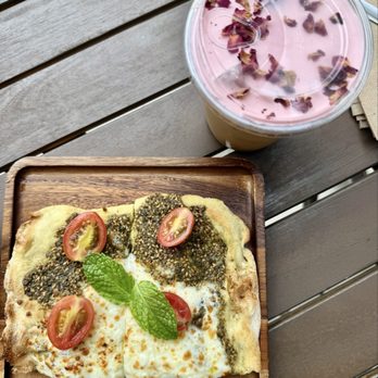 Habibi's - manaeesh with cheese and damask rose latte - Cafes Near Me - Fullerton, California