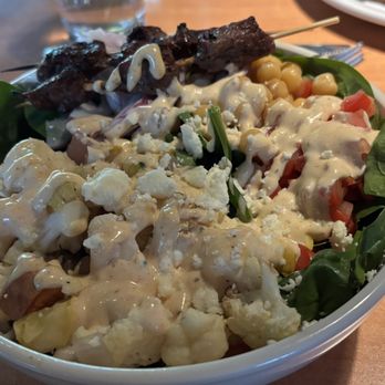 Restaurant 415 - Mediterranean bowl with steak skewer: Looked great, fell flat on flavor - New American Near Me - Fort Collins, Colorado Restaurant 415 - Mediterranean bowl with steak skewer: Looked great, fell flat on flavor - New American Near Me - Fort Collins, Colorado
