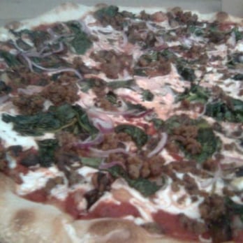 Dimo's Pizza - Vegan pizza with Mock sausage, onion, mushroom, spinach - Pizza Near Me - Chicago, Illinois Dimo's Pizza - Vegan pizza with Mock sausage, onion, mushroom, spinach - Pizza Near Me - Chicago, Illinois