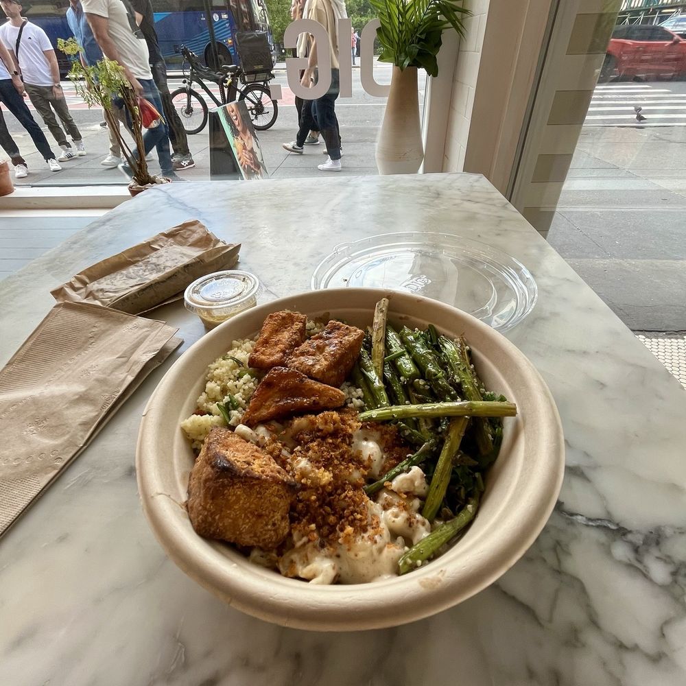 Crispy Maple Glazed Tofu Side Asparagus with Spring Herbs Side Jasper Hill Mac & Cheese Side Spring Couscous Side