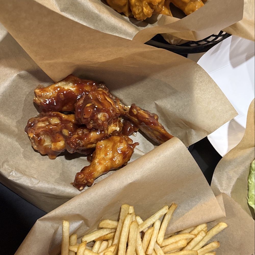 Wicked Wings - 6 Buffalo wings and 6 honey bbq with the fries that are included in the $20 all you can eat. - Burgers Near Me - Fullerton, California Wicked Wings - 6 Buffalo wings and 6 honey bbq with the fries that are included in the $20 all you can eat. - Burgers Near Me - Fullerton, California