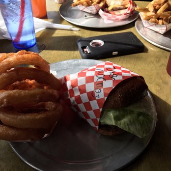 Burger Me - Onion rings - Turkey Burger topped with Swiss cheese and mushroom. Yummy!!! - Burgers Near Me - Truckee, California