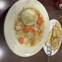 Matzo-ball soup and homemade chips...can't go wrong! Matzo-ball soup and homemade chips...can't go wrong!