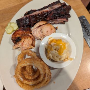 Jim 'N Nick's Bar-B-Q - 3 meat combo - double chicken, ribs, Mac n cheese, onion rings - Barbeque Near Me - Concord, North Carolina