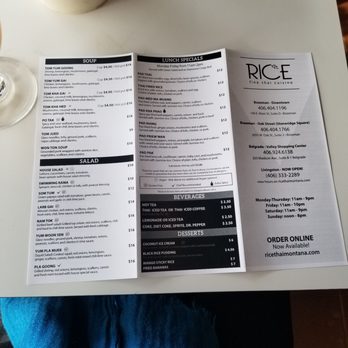 Rice Fine Thai Cuisine - Belgrade - Back of menu- - Thai Near Me - Belgrade, Montana