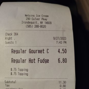Netsins Ice Cream - Reg custard was listed as $4, charged $4.50 (+ .75 for sprinkles) Reg HF sundae listed as $5.30, charged $6.80 (+ .75 for nuts) - Ice Cream & Frozen Yogurt Near Me - Rochester, New York Netsins Ice Cream - Reg custard was listed as $4, charged $4.50 (+ .75 for sprinkles) Reg HF sundae listed as $5.30, charged $6.80 (+ .75 for nuts) - Ice Cream & Frozen Yogurt Near Me - Rochester, New York