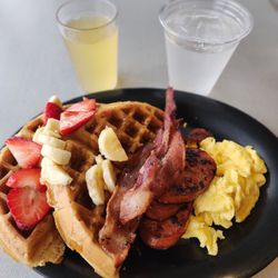 Rooster Café - St Clair Waffle combo and Mimosa