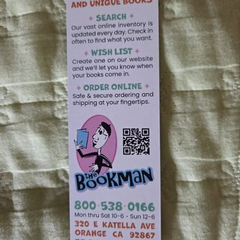 Bookman - Back of bookmark - Bookstores Near Me - Orange, California Bookman - Back of bookmark - Bookstores Near Me - Orange, California