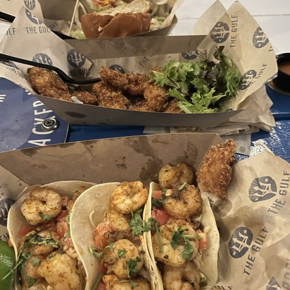 Shrimp Tacos, Flounder Coconut Fried Fish Bites, Gulf Burger Shrimp Tacos, Flounder Coconut Fried Fish Bites, Gulf Burger