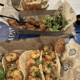 Shrimp Tacos, Flounder Coconut Fried Fish Bites, Gulf Burger Shrimp Tacos, Flounder Coconut Fried Fish Bites, Gulf Burger
