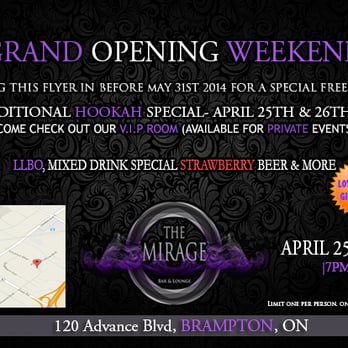 The Mirage Bar and Lounge - Grand Opening Weekend April 25-26 - Hookah Bars Near Me - Brampton, Ontario The Mirage Bar and Lounge - Grand Opening Weekend April 25-26 - Hookah Bars Near Me - Brampton, Ontario