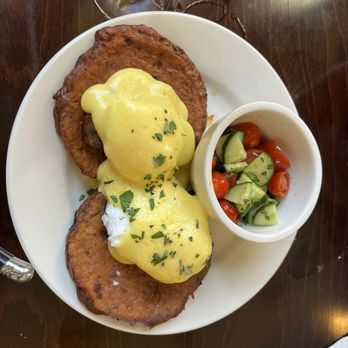 Breakfast Station - Special: lamb sausage eggs Benny over zucchini fritters - Breakfast & Brunch Near Me - Somersworth, New Hampshire