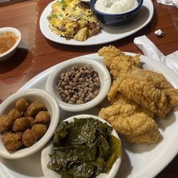Southern Recipe - Fried Catfish with collard greens black eyed peas and fried okra