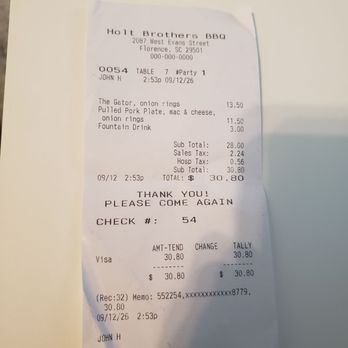 Holt Bros BBQ - Receipt for proof of purchase. - Barbeque Near Me - Florence, South Carolina Holt Bros BBQ - Receipt for proof of purchase. - Barbeque Near Me - Florence, South Carolina
