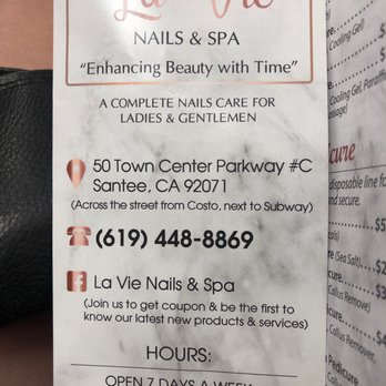 La Vie Nails & Spa - Open Monday through Saturday 9 AM to 7PM - Nail Salons Near Me - Santee, California La Vie Nails & Spa - Open Monday through Saturday 9 AM to 7PM - Nail Salons Near Me - Santee, California