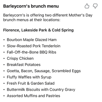 Barleycorn's Florence - The menu advertised on their face book. - American Near Me - Florence, Kentucky Barleycorn's Florence - The menu advertised on their face book. - American Near Me - Florence, Kentucky