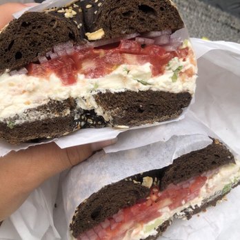 Bagel Pub - Bagel with scallion lox spread (added tomatoes and onions) - Breakfast & Brunch Near Me - Brooklyn, New York Bagel Pub - Bagel with scallion lox spread (added tomatoes and onions) - Breakfast & Brunch Near Me - Brooklyn, New York
