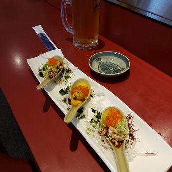Crystal Fish - 2 green mussel shooters on outside. Uni shooter on inside - Japanese Near Me - Monterey, California