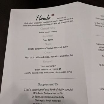 Hinata - Menu for omakase (11/25/18) - Sushi Bars Near Me - San Francisco, California