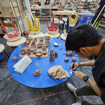 SMAart Gallery & Studio - Pottery studio & clay pieces on a blue round table - Art Classes Near Me - San Francisco, California SMAart Gallery & Studio - Pottery studio & clay pieces on a blue round table - Art Classes Near Me - San Francisco, California
