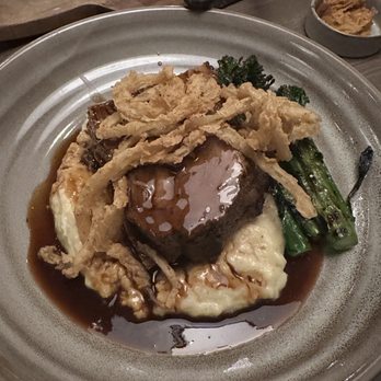Smokehouse - House smoked brisket, buttery pommes puree, broccolini, au jus and crispy shallot - Bars Near Me - Abilene, Texas Smokehouse - House smoked brisket, buttery pommes puree, broccolini, au jus and crispy shallot - Bars Near Me - Abilene, Texas