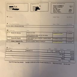 Invoice from RMC. Dropped off on July 8 -- charged $80 for diagnosis after 8 days, but no work was done.