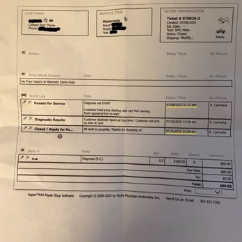 RMC Moto - Invoice from RMC. Dropped off on July 8 -- charged $80 for diagnosis after 8 days, but no work was done. - Motorcycle Repair Near Me - Santa Clara, California RMC Moto - Invoice from RMC. Dropped off on July 8 -- charged $80 for diagnosis after 8 days, but no work was done. - Motorcycle Repair Near Me - Santa Clara, California