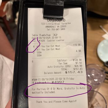 Oegadgib - Since when party of 4 got auto gratuity? Sorry the guy with glasses tonight deserved $0 - Korean Near Me - Annandale, Virginia Oegadgib - Since when party of 4 got auto gratuity? Sorry the guy with glasses tonight deserved $0 - Korean Near Me - Annandale, Virginia